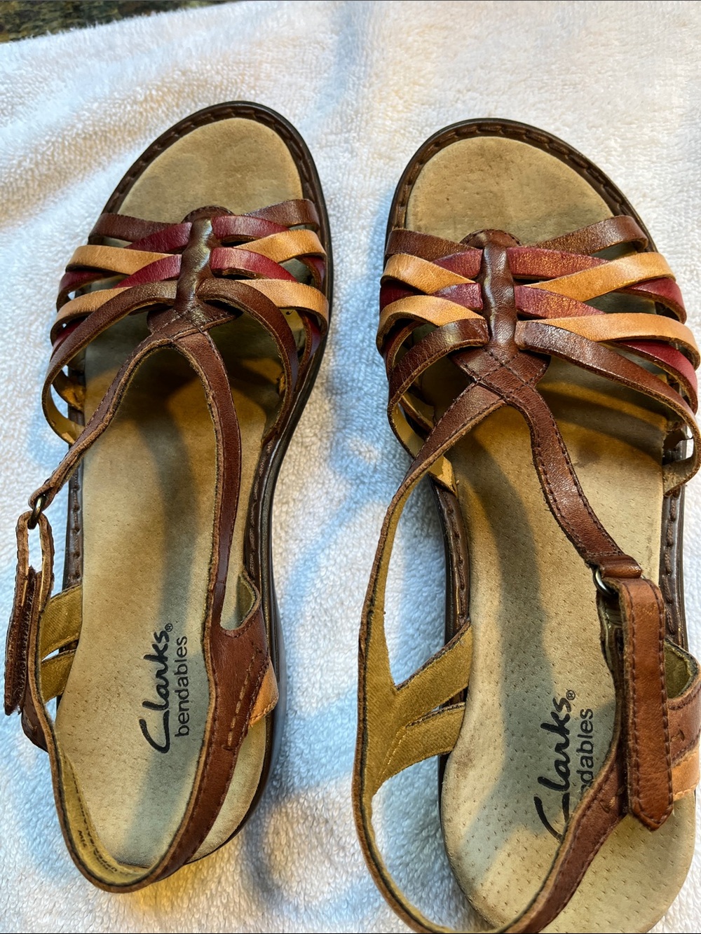 Clarks Women’s Brown Leather Strappy Sandals with Red and Orange Accents